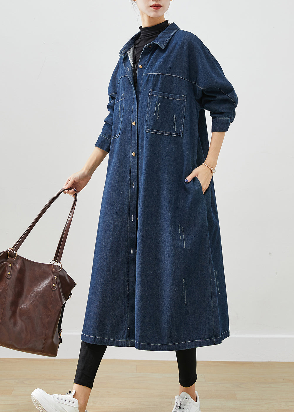 Navy Denim Trench Coats Oversized Pockets Spring