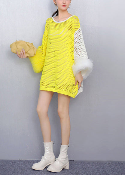 Art Yellow O-neck Hollow Out Patchwork Knit Top Fall