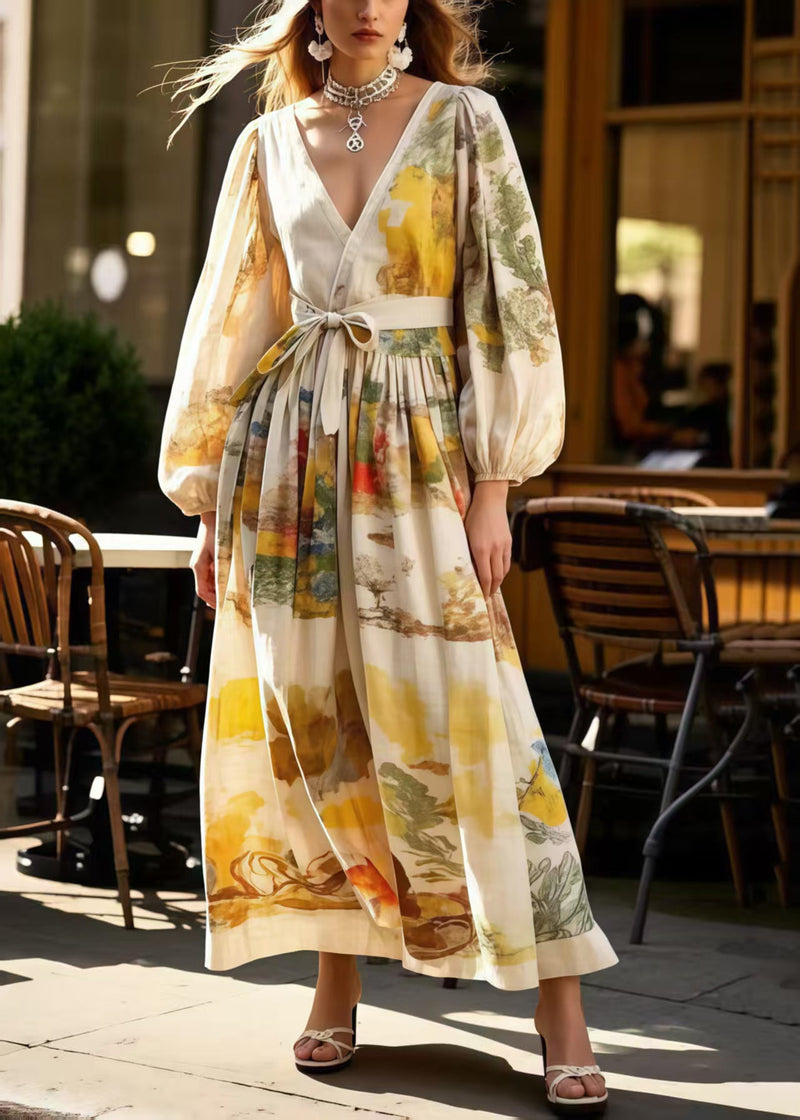 Apricot Tie Waist Print Cotton Holiday Dress Spring