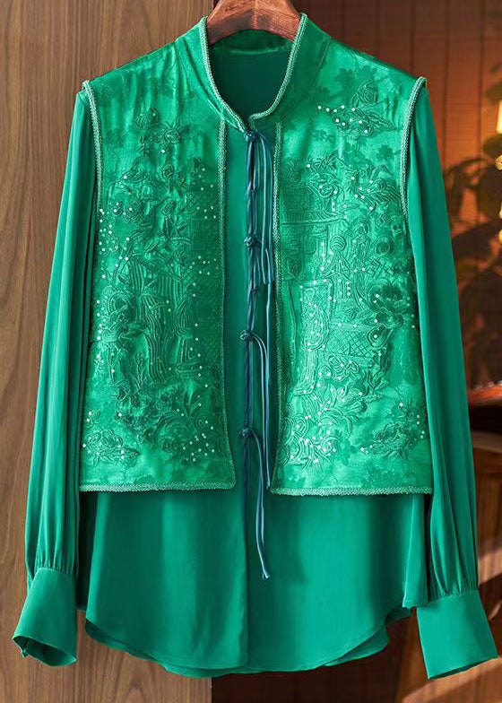 Green Tasseled Jacquard Patchwork Silk Shirt Top Spring