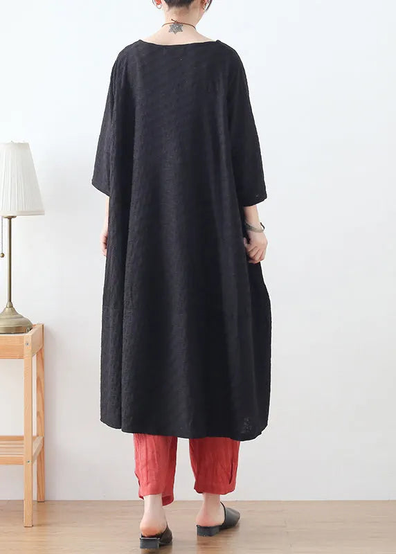 Black Loose Cotton Shirt Tops Low High Hesign Three Quarter Sleeve