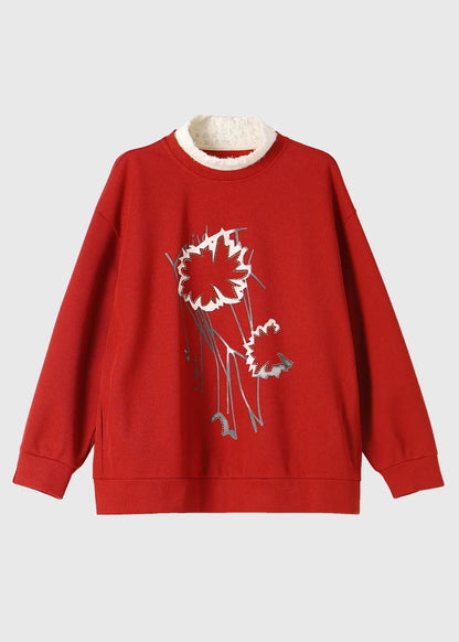 Red Turtleneck Patchwork Print Fake Two Pieces Fleece Sweatshirt Winter