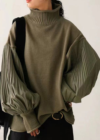 Army Green Hign Neck Wrinkled Patchwork Knitted Tops Lantern Sleeve
