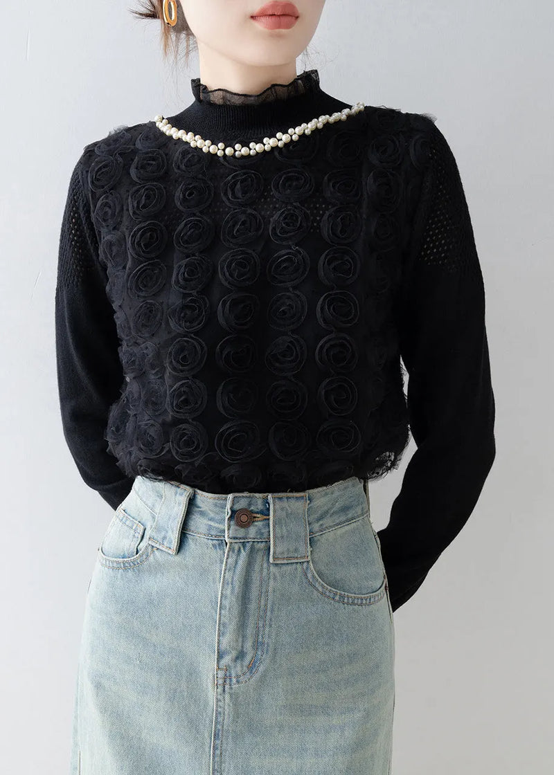 Black Decorated Knit Shirt Top Stand Collar Spring