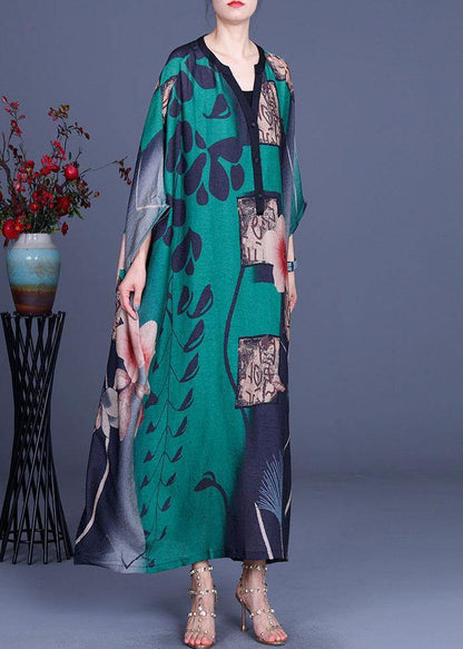 Diy Green Print Button V Neck Chiffon Dress Summer