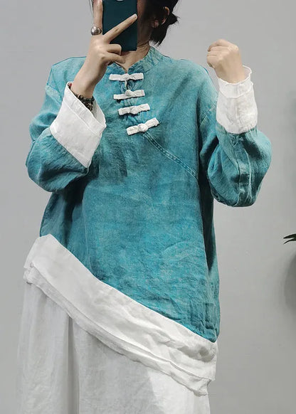 Style Red Stand Collar Asymmetrical Patchwork Linen Shirt Top Long Sleeve