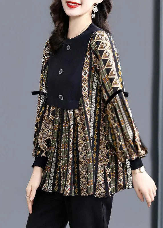 Black O-neck Patchwork Striped Print Shirt Tops Long Sleeve