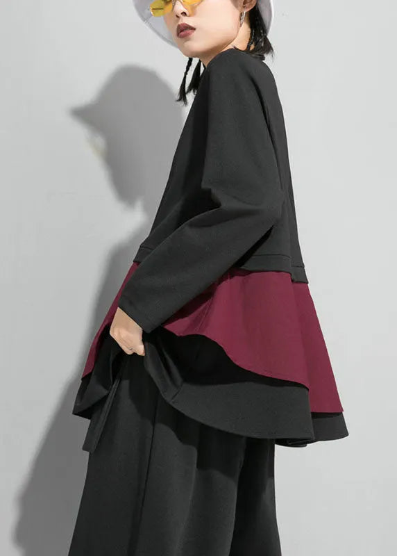 Organic Mulberry O-neck Patchwork Ruffles Fall Top Long Sleeve