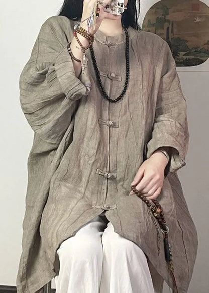 Grey Brown Stand Collar Chinese Button Linen Shirt Top Fall