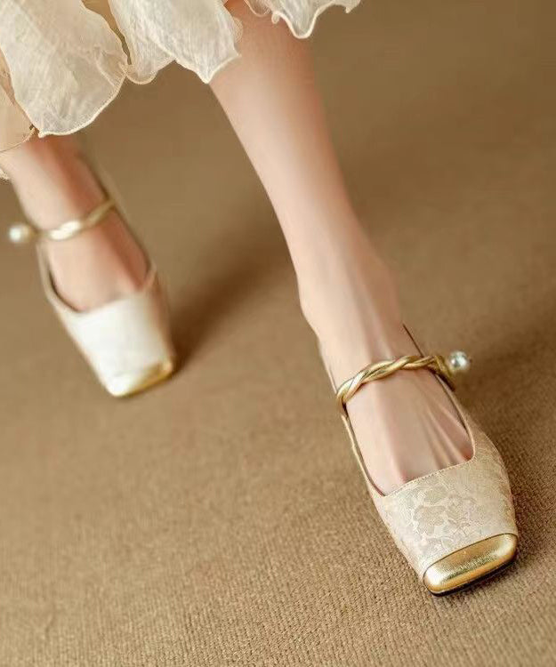 Chinese Retro Gold Chunky Heel Print Buckle Strap Loafers