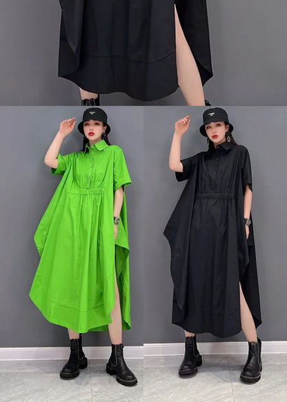 Green Asymmetrical Design Cotton Long Blouse Tops Short Sleeve