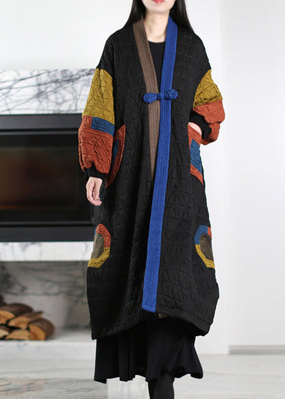 Art Black Chinese Button Patchwork Fine Cotton Filled Trench Winter