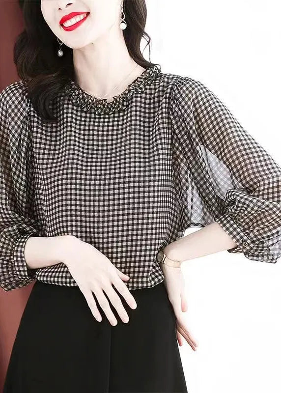 Boutique Black White Plaid O-neck Button Ruffled Silk Top Puff Sleeve