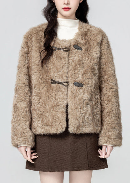 Khaki O Neck Button Teddy Faux Fur Coat Winter