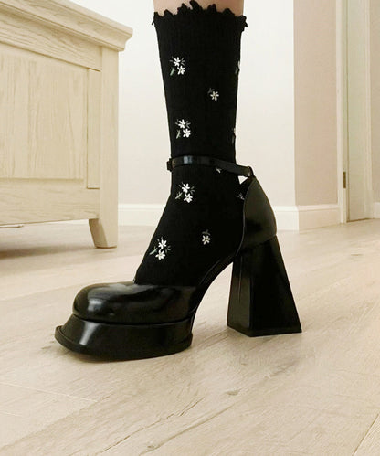 Black Chunky High Heels Faux Leather Stylish Splicing Buckle Strap
