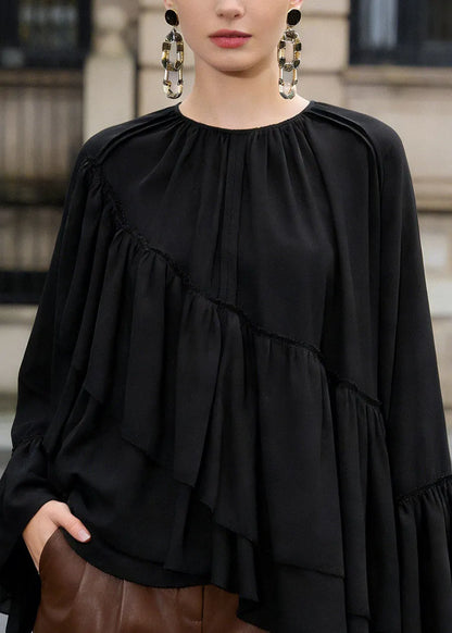 Loose Black Ruffled Asymmetrical Patchwork Chiffon Top Spring