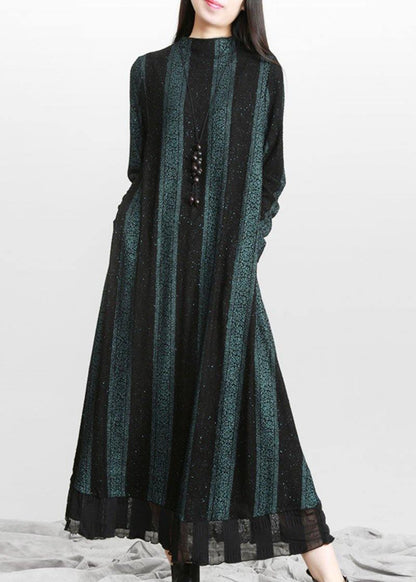 Blue Striped Patchworkchiffon Fall Long Dresses