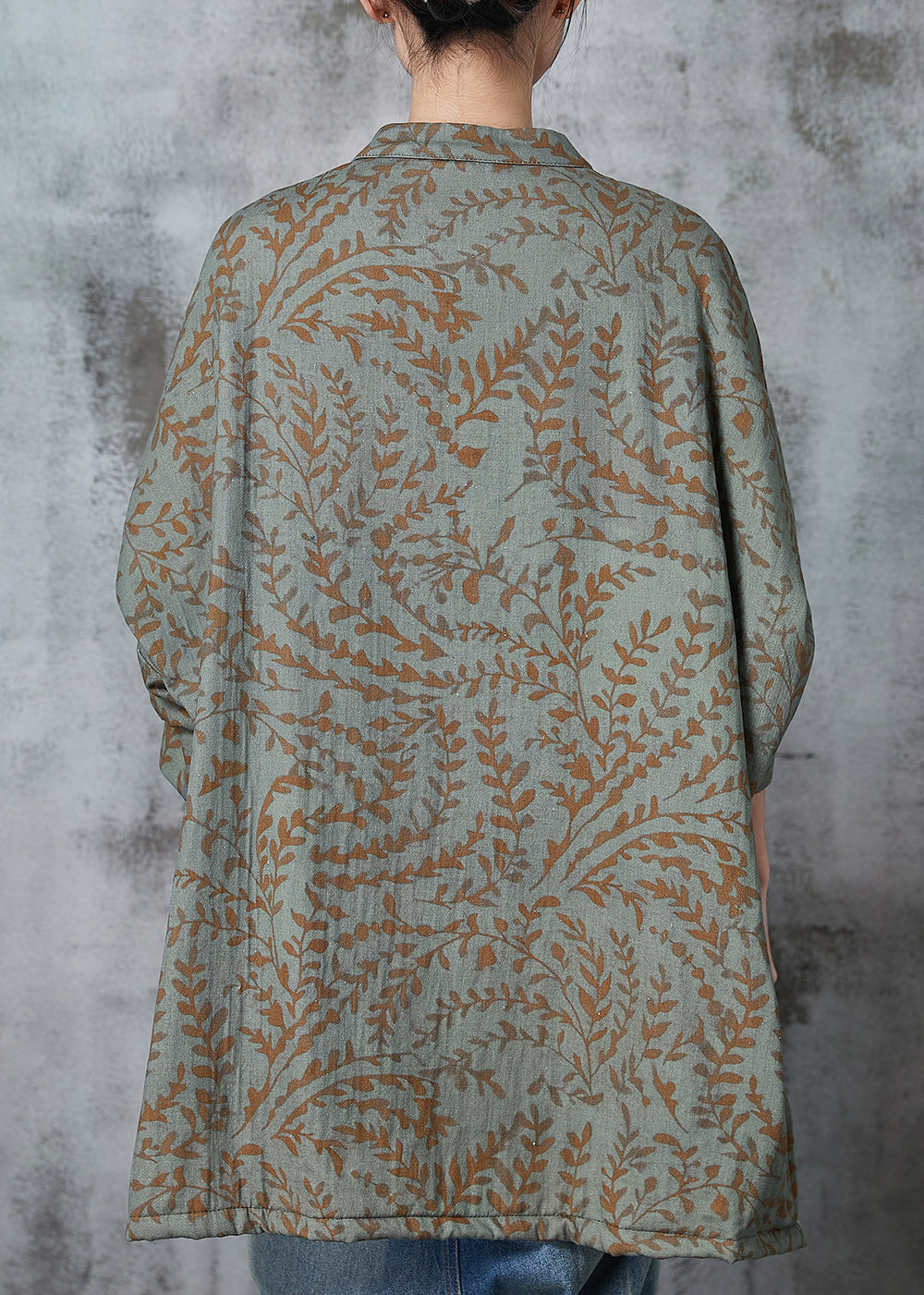 Green Oversized Print Cotton Oriental Coat Spring