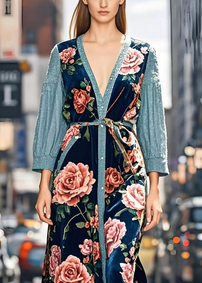 Art Peacock Blue Patchwork Silk Velour Long Dresses Spring