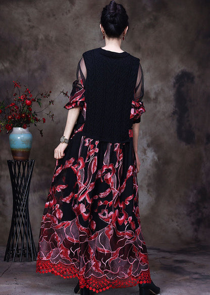 Red Lace Knit Dresses Embroideried Spring