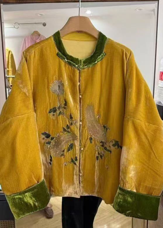 Chinese Style Embroidered Silk Velvet Fine Cotton Filled Coats Spring