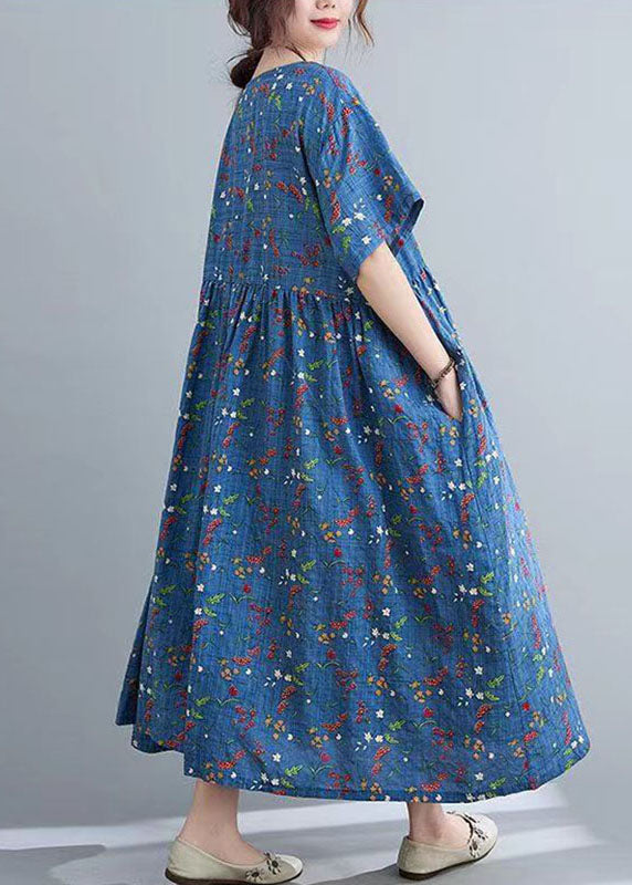 Blue O-neck Wrinkled Maxi Dress Summer