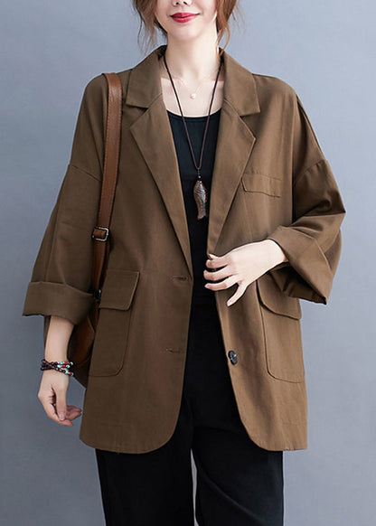 Coffee Notched Button Pockets Cotton Coats Fall