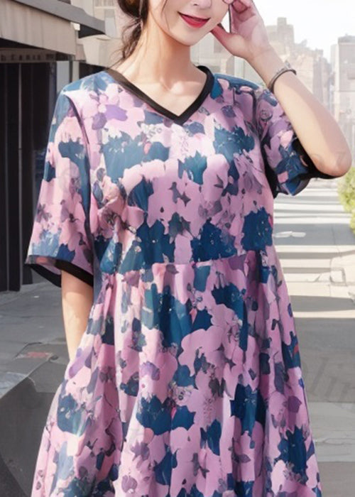 Loose Pink Print Pockets Silk Long Dress Summer