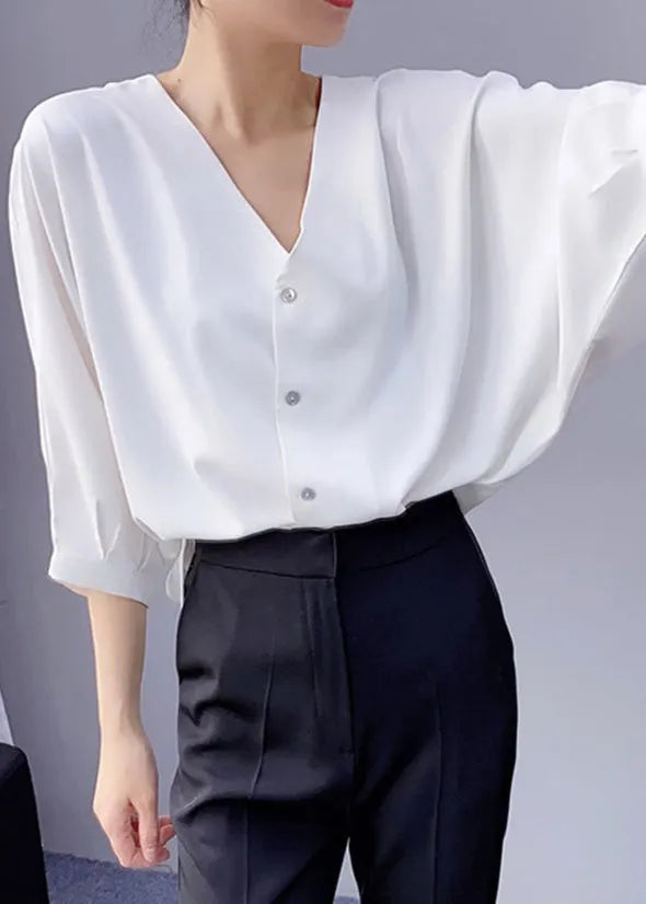 Simple White V Neck Button Chiffon Blouses Batwing Sleeve