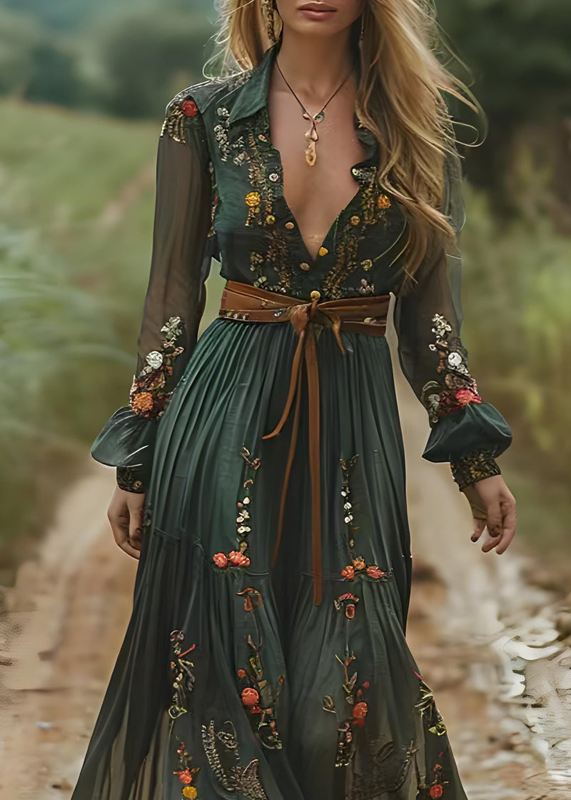 Green Peter Pan Collar Print Wrinkled Chiffon Long Dresses Spring