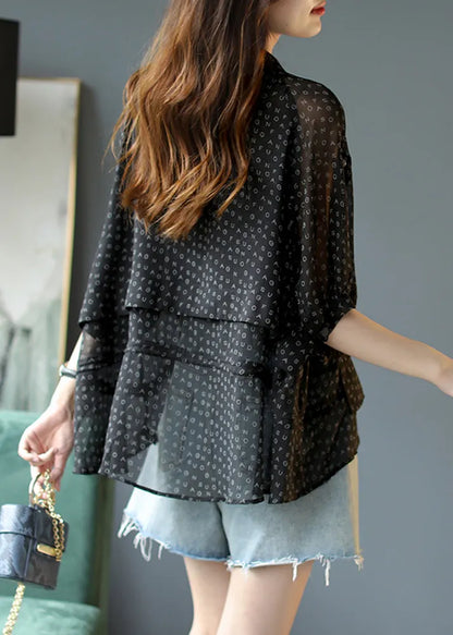 Modern Black Stand Collar Pockets Letter Print Chiffon Shirt Short Sleeve