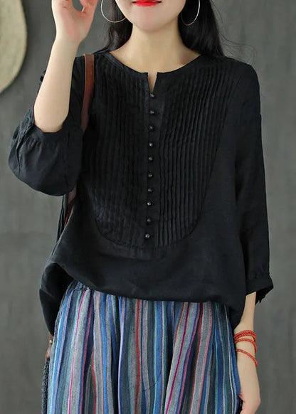 Black Oversized Linen Tank O-neck Wrinkled Oriental Button Short Sleeve