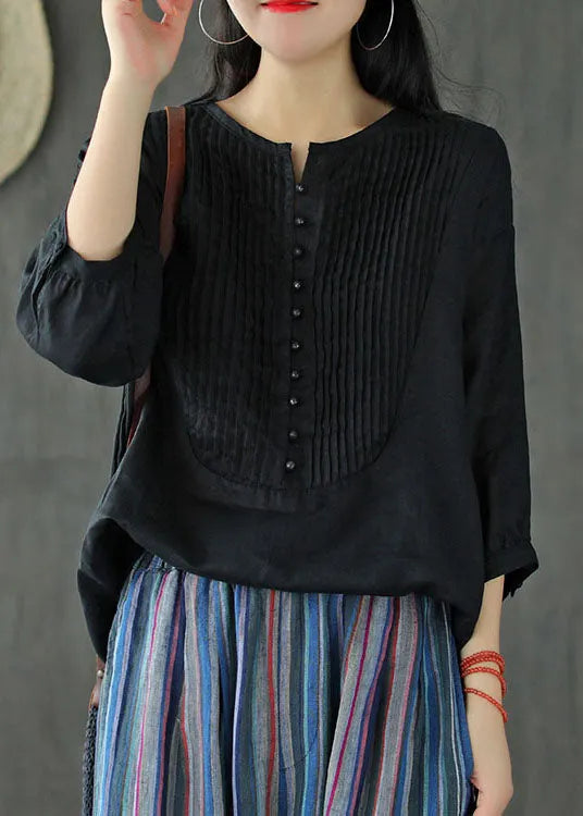 Black Oversized Linen Tank O-neck Wrinkled Oriental Button Short Sleeve