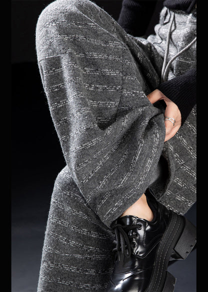 Grey Pockets Striped Woolen Wide Leg Pants Spring
