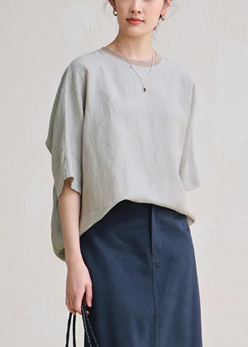 Grey Oversized Linen Top O Neck Summer