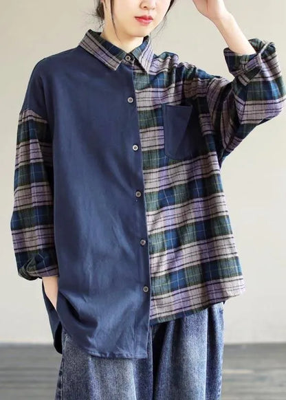 Simple Lapel Patchwork Tops Blouses Wardrobes Blue Plaid Blouse