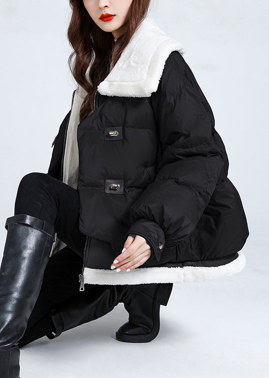 Black Pockets Patchwork Fine Cotton Filled Puffers Jackets Winter