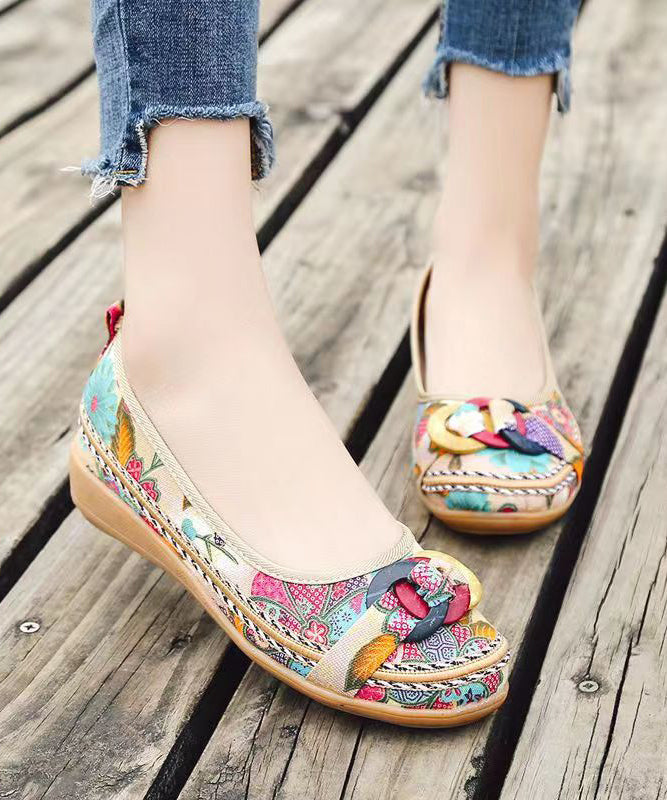 Black Cotton Fabric Print Splicing Wedge Heels Soofairy Shoes-20251