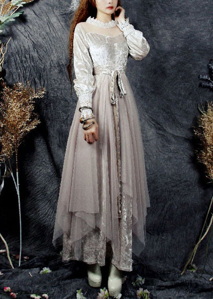 Beige Hollow Out Tulle Patchwork Silk Velour Long Dresses Spring