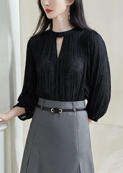 Jacquard Black Hollow Out Cotton Shirt Top Bracelet Sleeve