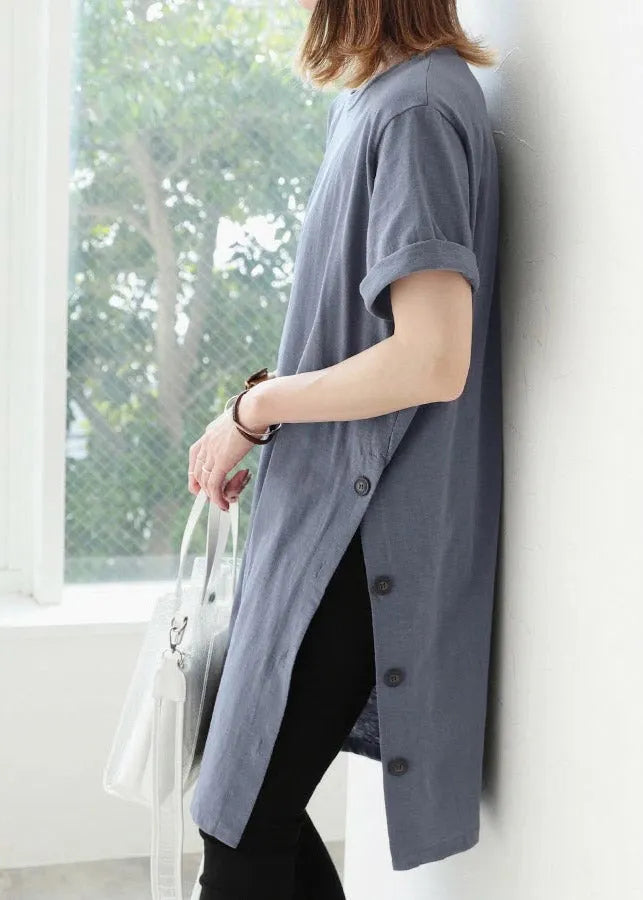 Light Blue O-neck Button Cotton Long T Shirt Short Sleeve