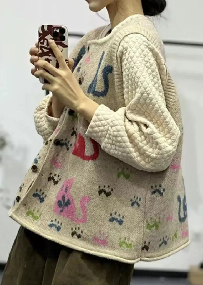 Loose Apricot O Neck Button Animal Print Knit Vest Sleeveless