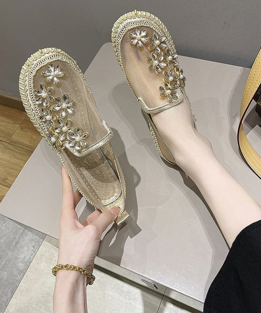 Gold Penny Loafers Breathable Mesh Retro Splicing Zircon
