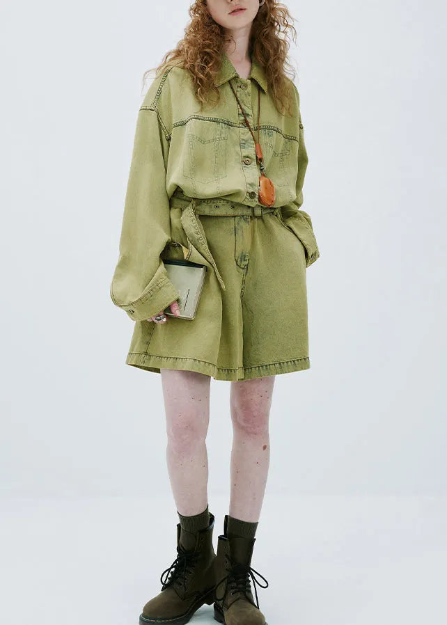 Yellow Green Peter Pan Collar Denim Jumpsuit Long Sleeve