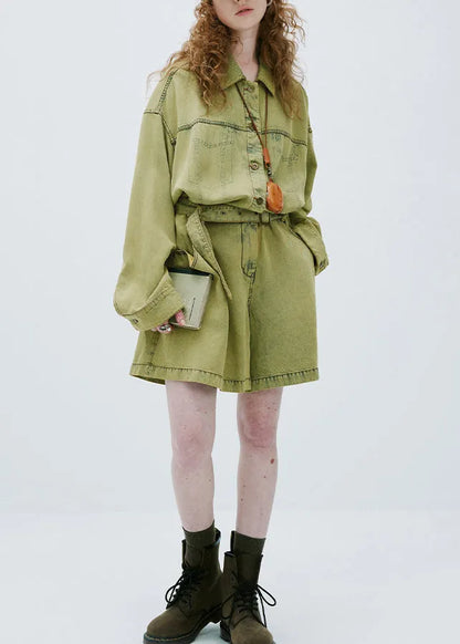 Yellow Green Peter Pan Collar Denim Jumpsuit Long Sleeve