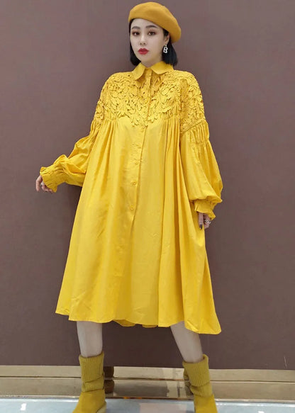 Stylish Yellow Puff Sleeve Peter Pan Collar Lace Patchwork Shirt Dress Spring