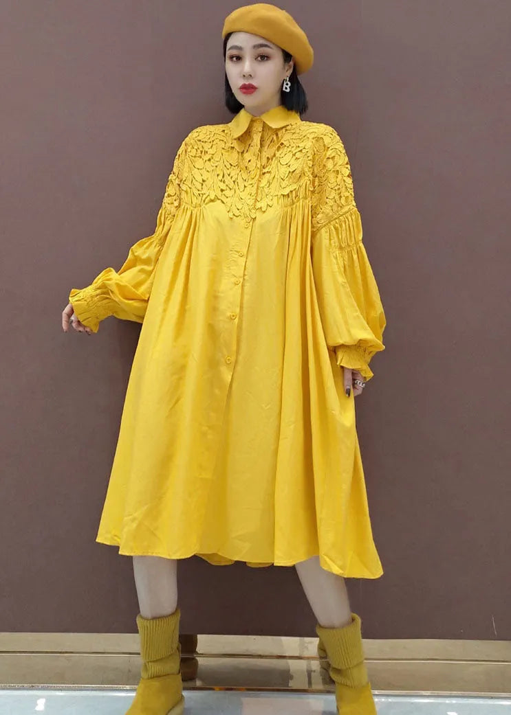 Stylish Yellow Puff Sleeve Peter Pan Collar Lace Patchwork Shirt Dress Spring