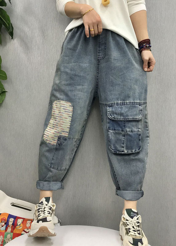 Blue Elastic Waist Patch Applique Denim Pants Spring