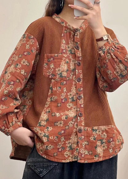 Green Button Print Patchwork Linen Shirt Top Fall