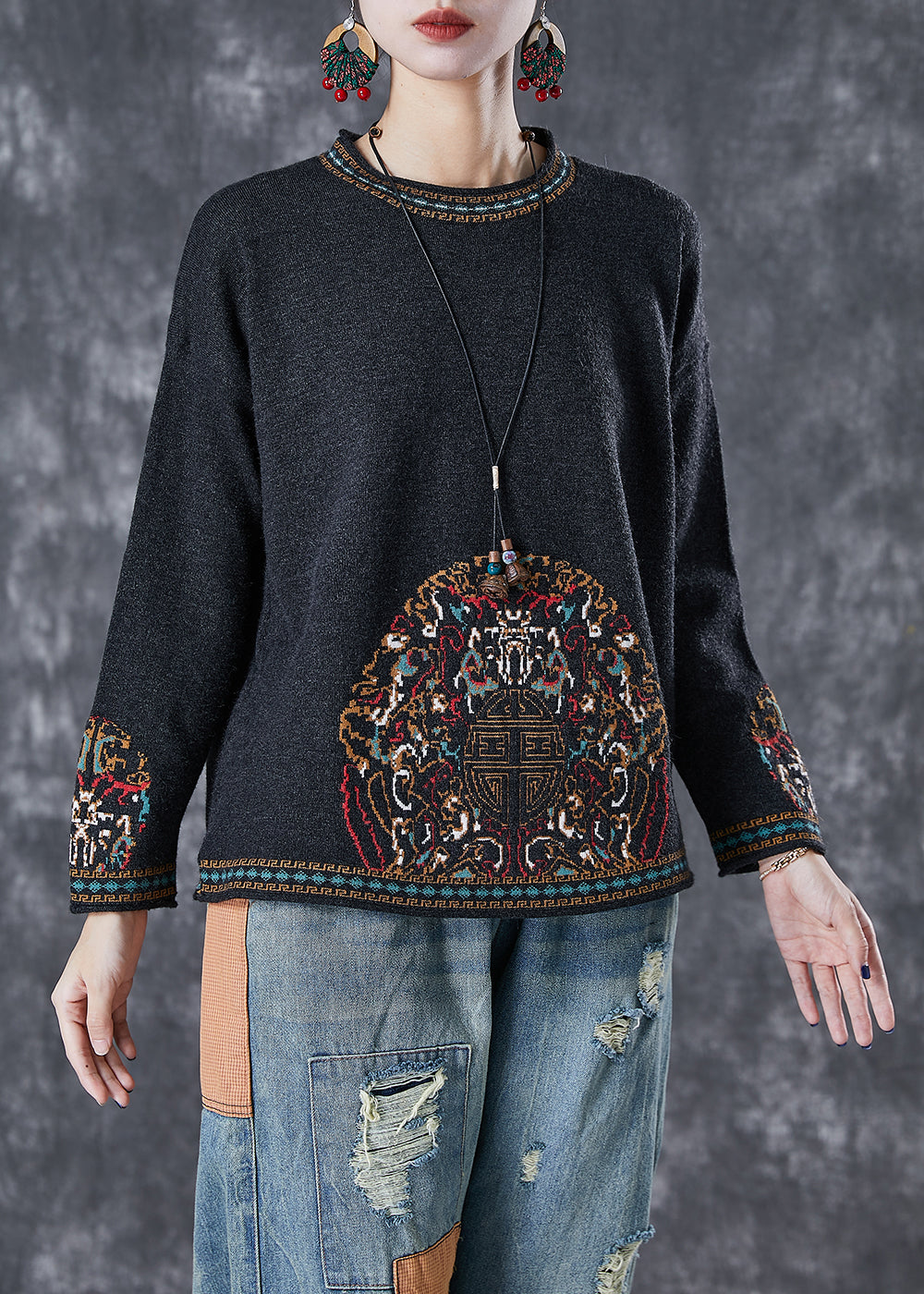 Black O-neck Print Cotton Blouses Fall